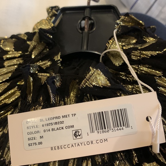 Rebecca Taylor metallic dot ruffle cap sleeve back zip gold/black blouse M - Picture 3 of 4